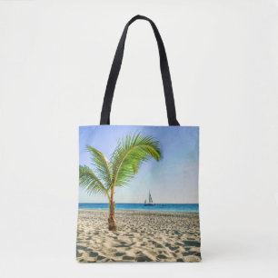 Tote Bag Tropical Beaches Sailboat, Palm Tree, Aruba