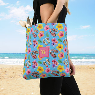 Tote Bag Tropical Hibuscus Flip Flops Folid Pink Monogramme