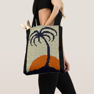 Tote Bag Tropical Palm Tree Sunrise Artisan Crochet Imprime