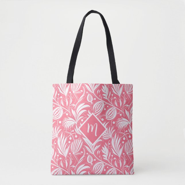 Tote Bag Tropical rose floral motif diamant Monogramme (Devant)