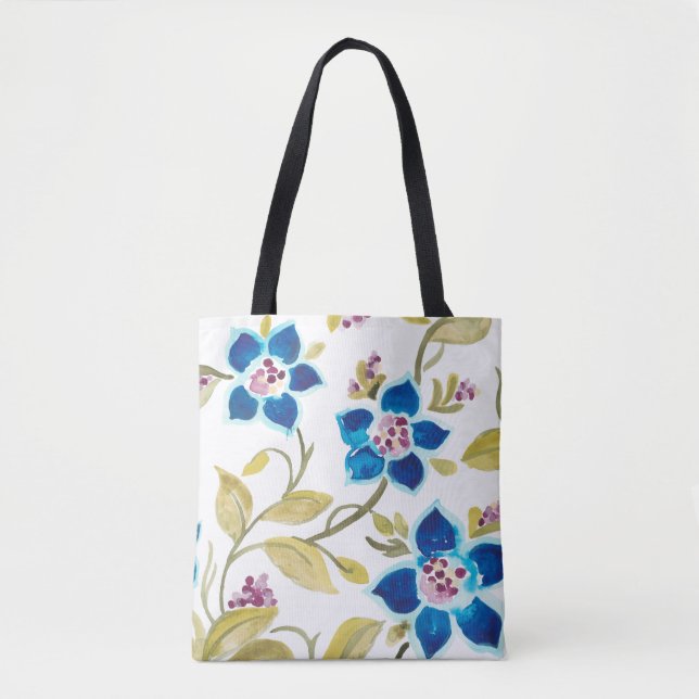 Tote Bag Tuiles florales d'abbaye - fleurs bleues (Devant)