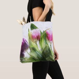 Tote Bag Tulipes Et Feuilles Aquarelles