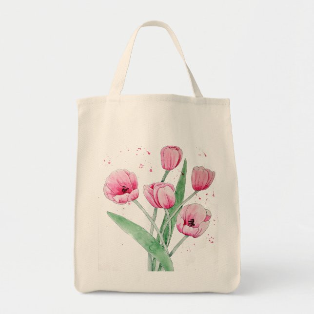 Tote Bag Tulipes roses en aquarelles (Devant)