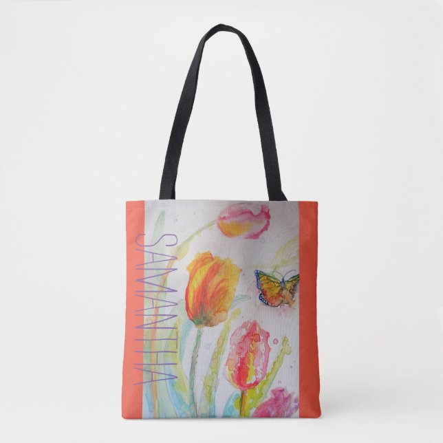 Tote Bag Tulipes roses Tulipes Florales Aquarelle Femme Nom (Devant)