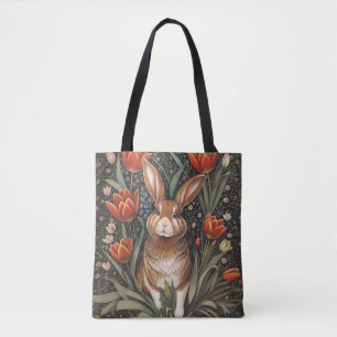 Tote Bag Tulipes rouges Brown de lapin William Morris inspi