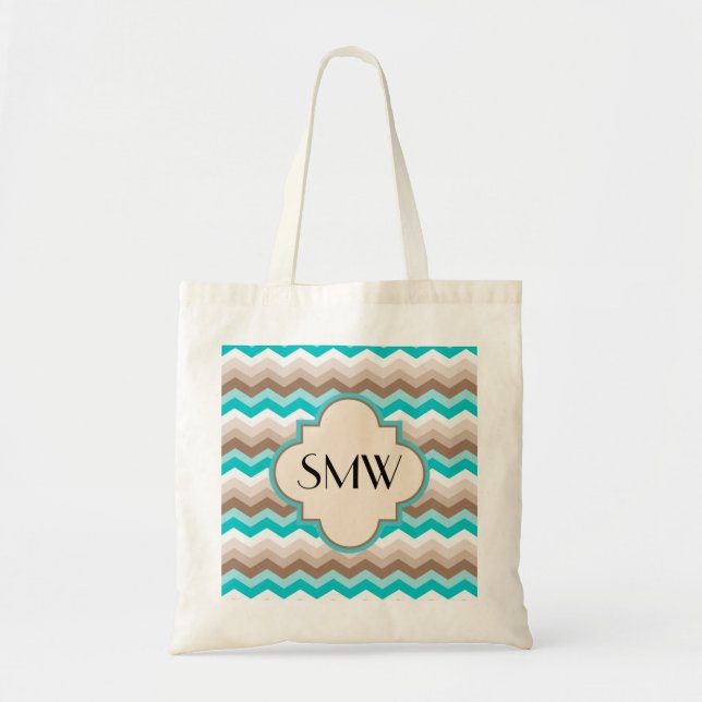 Tote Bag Turquoise Bleu Brown Chevron Moderne Monogramme (Devant)