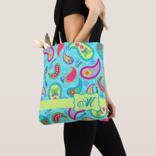 Tote Bag Turquoise Bleu Coloré Moderne Paisley Monogramme