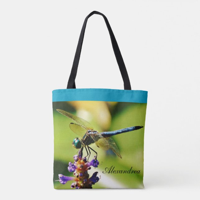 Tote Bag Turquoise bleu libellule mauve fleurs étang avec n (Dos)