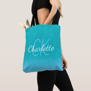 Tote Bag Turquoise bleu parties scintillant aqua vert monog