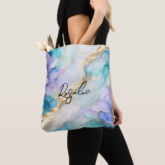 Tote Bag Turquoise Bleu Violet Or Marbre Floral Abstrait