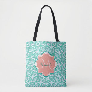 Tote Bag Turquoise Vert Art Déco Poissons Écailles Rose Mon