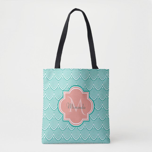 Tote Bag Turquoise Vert Art Déco Poissons Écailles Rose Mon (Devant)