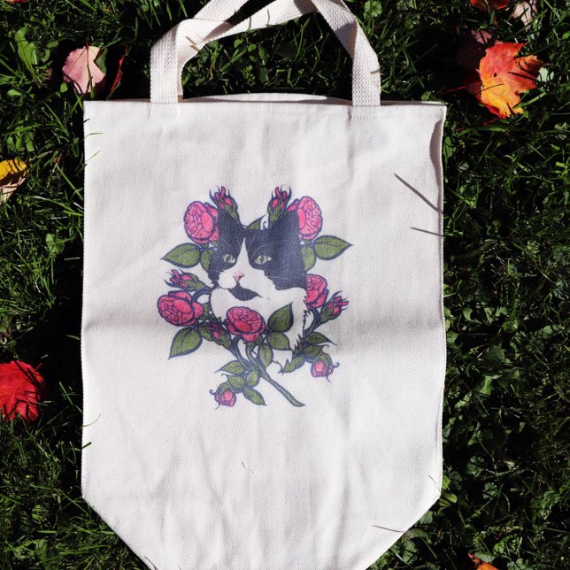 Tote Bag Tuxedo Cat Peony Floral Art Tuxie Cats (Créateur téléchargé)