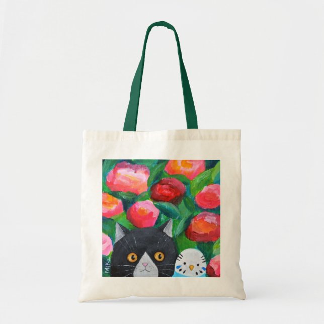 Tote Bag Tuxedo Chat et Blue Budgie Parakeet Funny Cute (Devant)
