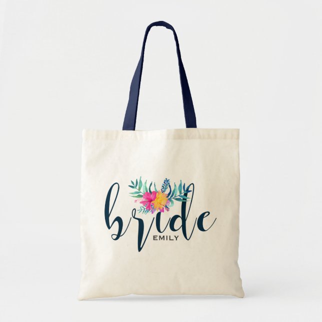 Tote Bag Typographie Bleue Moderne & Accent Floral (Devant)