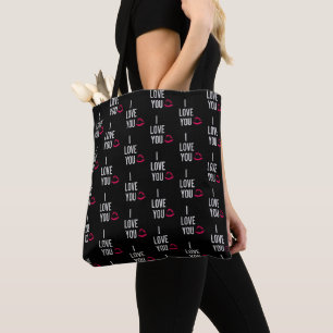 Tote Bag Typographie Moderne Amour Lèvres Roses Noir