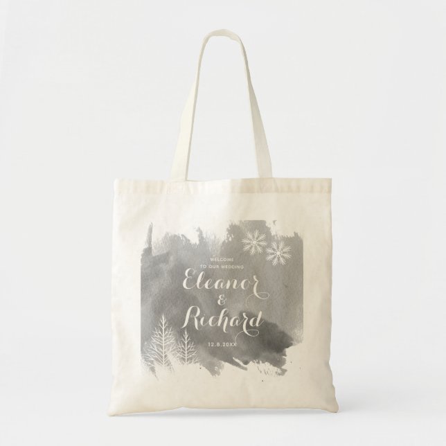 Tote Bag Typographie moderne aquarelle gris mariage accueil (Devant)
