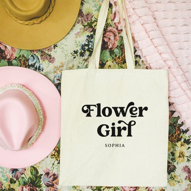 Tote Bag Typographie simple de Boho Retro | Fleur fille (A retro, boho tote for the flower girl)