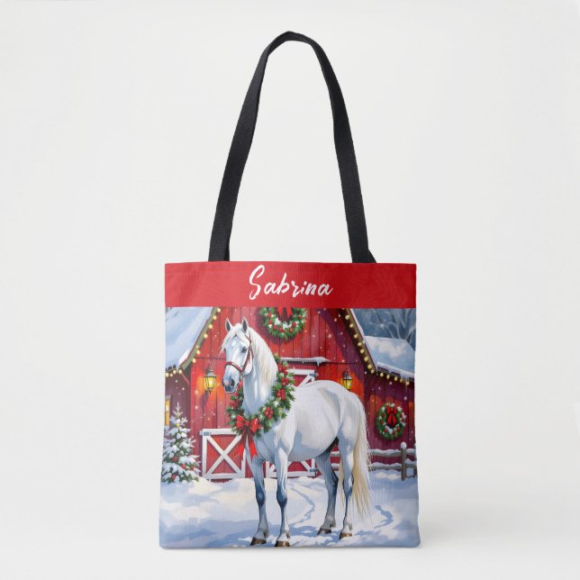 Tote Bag Un Cheval Blanc Festif et une Grange d'hiver Noël (Devant)