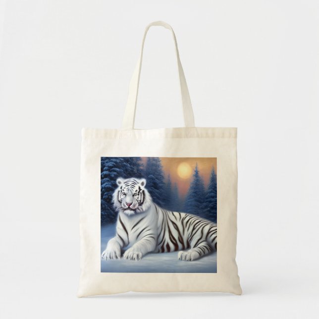 Tote Bag Un tigre blanc assis dans la neige (Devant)