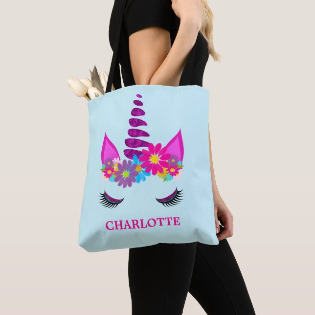Tote Bag Unicorn Flowery Super mignon fille personnalisée (De près)