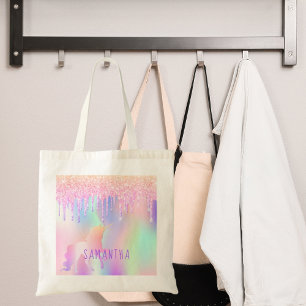 Tote Bag Unicorn parties scintillant goutte rose violet nom