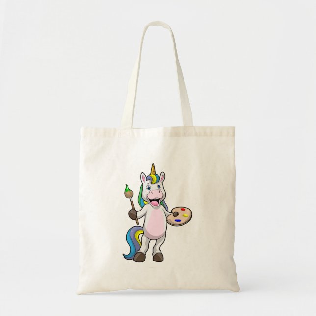 Tote Bag Unicorne à la peinture avec pinceau et couleur (Devant)
