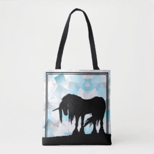 Tote Bag Unicorne mystique (carrés abstraits bleus et blanc