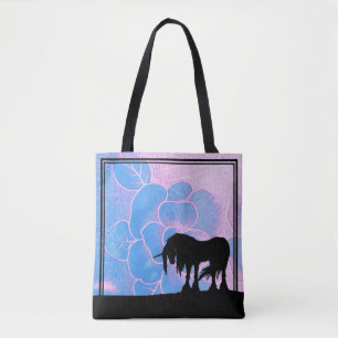 Tote Bag Unicorne mystique (fleur texturée rose et bleue)