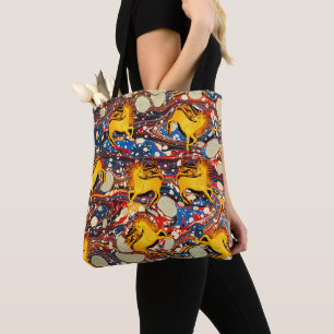 TOTE BAG UNICORNES D'OR, EFFETS MARBÉS BLEU ROUGE, CERCLES