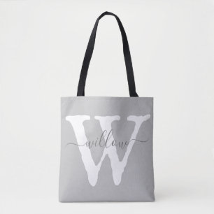 Tote Bag Unique Monogramme Antique Gris Blanc Typographie