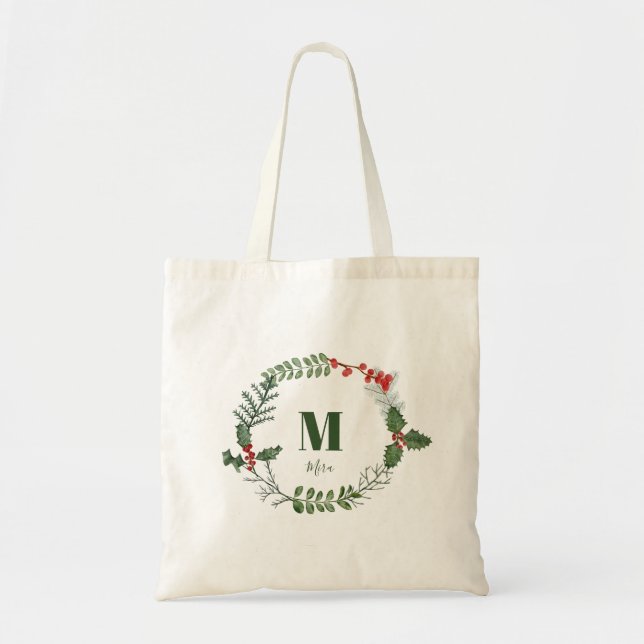 Tote Bag Vacances Wreath Greenery Berry Initiale personnali (Devant)