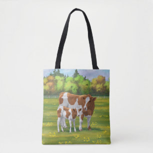 Tote Bag Vache de Guernesey et veau mignon dans les pâturag