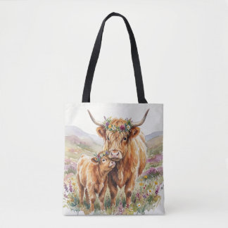 Tote Bag Vache des Highlands Florale Mère et Veau Ferme Rus