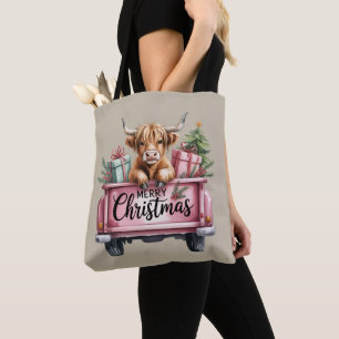 Tote Bag Vache écossaise rose Noël Fille Vache Fluffy Dans 