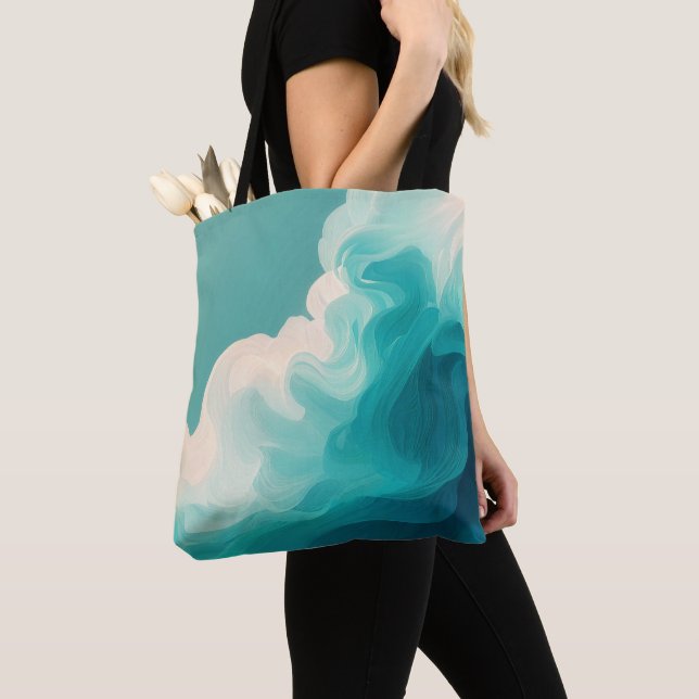 Tote Bag Vagues fluides sarcelle et blanc Abstrait (De près)