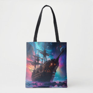 Tote Bag Vaisseau spatial pirate nébuleuse et lunes