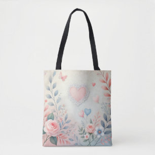 Tote Bag Valentine romantique coeur floral pastel aquarelle