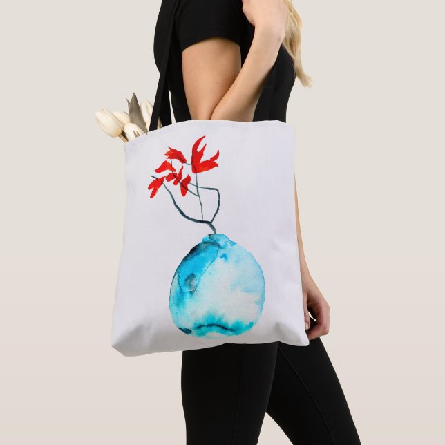 Tote Bag Vase bleu Ikebana aquarelle (De près)
