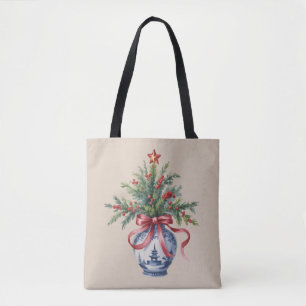 Tote Bag Vase vintage avec arbre de Noël en chinoiserie et