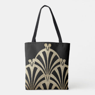 Tote Bag Ventilateur Art déco motif en bronze noir élégant
