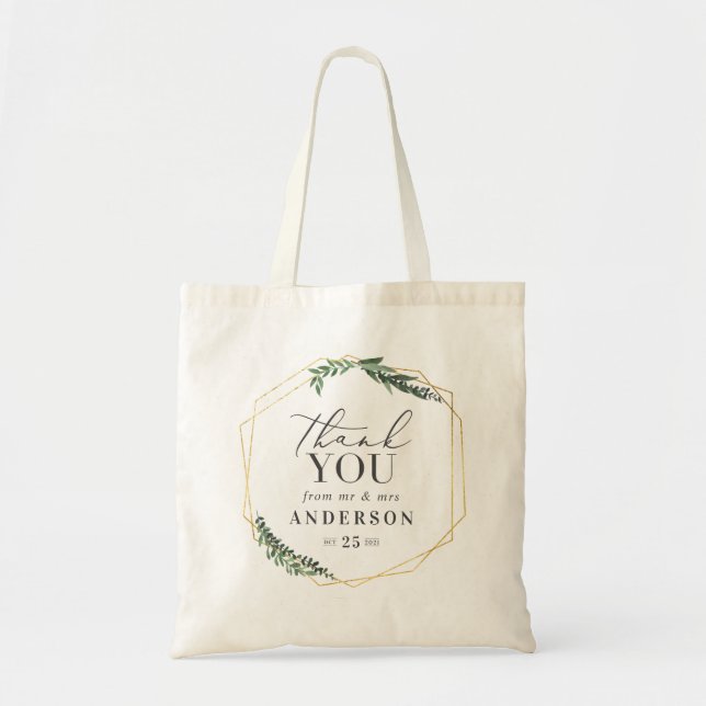 Tote Bag Vert aquarelle géométrique or (Devant)