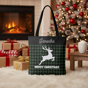 Tote Bag Vert et noir à carreaux Noël Renne Nom personnalis