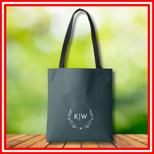 Tote Bag Vert forêt et blanc Monogramme initiales moderne