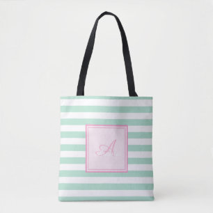 Tote Bag Vert Menthe Rayé Féminin et Monogramme Personnalis
