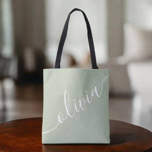 Tote Bag Vert Sauge Minimaliste Moderne Monogramme Élégant