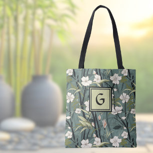 Tote Bag Vert sauge Noir Floral Monogramme de style japonai