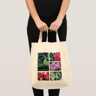 Tote Bag vert vivant, feuilles et fleurs