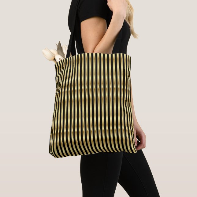 Tote Bag Vertical Golden et Black Elegant Stripes (De près)