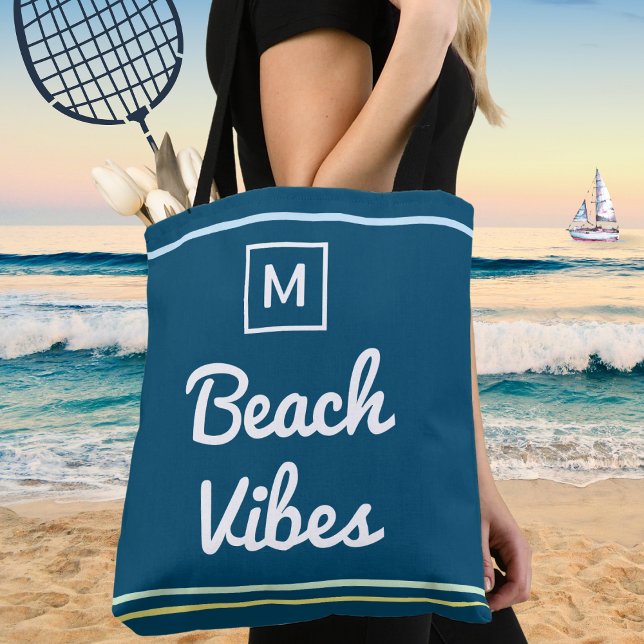 Tote Bag Vibes de plage Marine Océan bleu Été Chic Monogram (A nautical tote bag in blue with monogram and stripes, and 'Beach Vibes' in script typography)